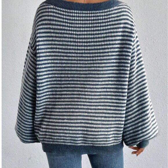 Striped Pattern Off Shoulder Lantern Sleeve Sweater Blue - Picture 3 of 5